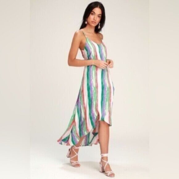 Lulu’s Colorful High Low Flowy Faux Wrap Watercolor Strap MIDI Beach Dress - Picture 1 of 7